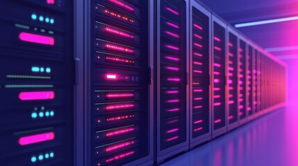 A futuristic server room with illuminated racks, showcasing vibrant colors and a sleek design, representing modern data storage technology.