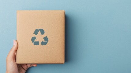 Obraz premium A hand holds a recyclable cardboard box featuring a recycling symbol against a soft blue background, promoting eco-friendly practices.