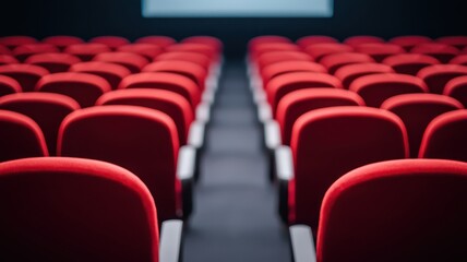 A row of empty red theater seats facing a blank screen, evoking anticipation for the movie experience.