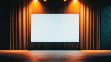 A minimalist stage with a large blank screen illuminated by warm lights, set against textured wooden walls.