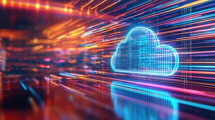 A vibrant digital illustration showcasing a cloud symbol with dynamic light streaks, representing data flow and cloud computing technology.