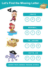 What letters are missing? Complete the words. Let’s find the missing letter. Educational activity for preschool kids. Writing worksheet. English vocabulary