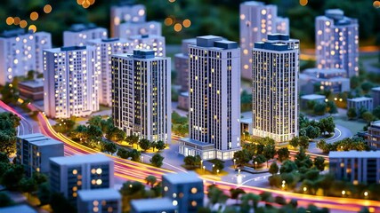 Mini city model, The buildings and roads with neon light background, 3d rendering	 - Powered by Adobe