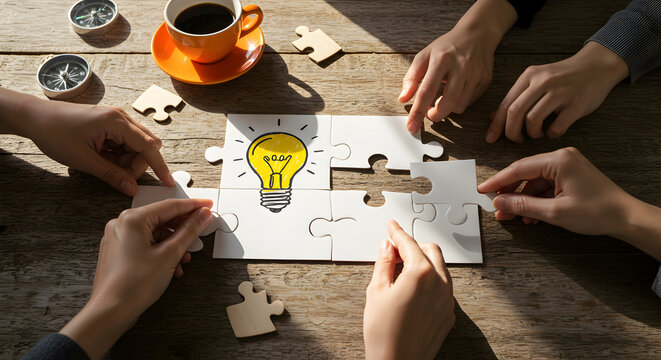 Diverse Hands Assemble Puzzle Pieces Depicting Lightbulb Idea on Wooden Table with Coffee Cup Emphasizing Teamwork