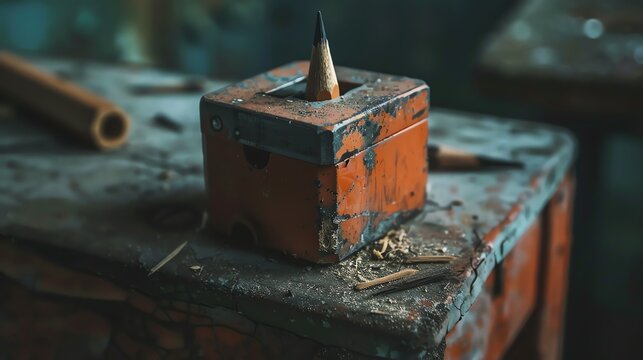 A close-up image of a pencil sharpener on a wooden table. The sharpener is made of metal and has a red body. - Powered by Adobe
