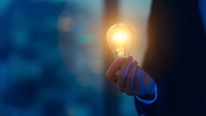  起業家のアイデア瞬間 - 電球を持つビジネスウーマン、創造性の象徴、青と黄色の照明コントラスト、ぼやけた都市背景、イノベーションのビジュアル表現