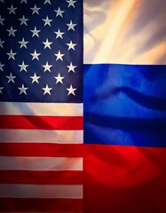 Fototapeta premium USA und Russland: Konfrontation zwischen der amerikanischen und der russischen Flagge.