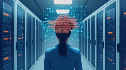 A woman stands in a data center, visualizing complex digital circuits above her head, symbolizing the intersection of technology and human cognition.