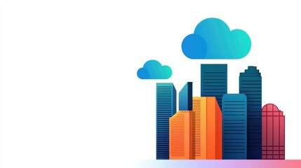 A vibrant digital cityscape featuring tall buildings and colorful clouds, embodying a modern urban atmosphere.