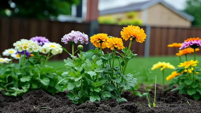 A row of flowers with a mix of colors including yellow and pink. The flowers are in a garden and are surrounded by dirt