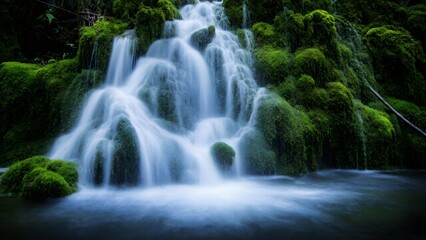 Obraz premium 滝と緑の苔、長時間露光、絹のような水の動き