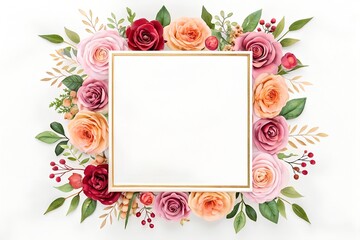 Red and Yellow Roses Surrounding Blank Card for Elegant Wedding Invitation, Greeting, or Event Announcement Design