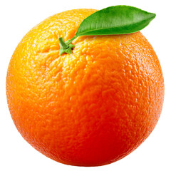 Orange fruit isolated png. Whole orange with leaf on transparent background. Orang fruit no background. Full depth of field. Transparent png