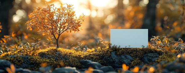Blank white gift card resting in a natural autumn setting
