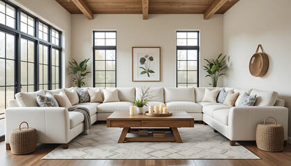 Fototapeta premium Modern Living Room with White Sectional Sofa and Wood Accents