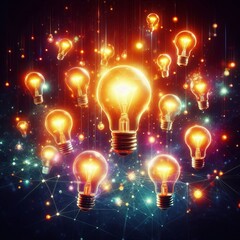 Vibrant floating lightbulbs symbolize innovative and creative thinking, illuminating new ideas and possibilities.