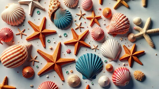 A collection of seashells and starfish on a white background. The seashells are of various colors and sizes, and the starfish are scattered throughout the scene