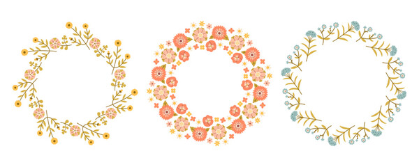 Spring flower circle frame set. Floral circle frame. Hand drawn botanical round border, laurel, wreath with branches, leaves and flowers illustration for wedding invitation, card, logo