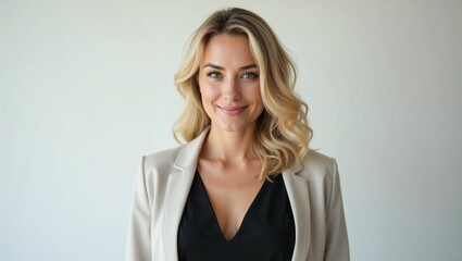 Fototapeta premium AI-generated illustration of a confident woman with blonde hair in a business suit smiling