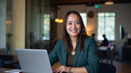 Mujer sonriente en videollamada usando portátil en oficina moderna