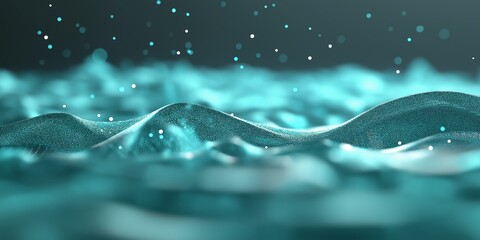 Background with glowing green lines and particles of data flowing in the air. abstract technology background. green wave tech background