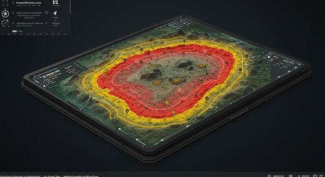Interactive Tactical Map Display on Modern Tablet Device Showing Strategic Terrain Analysis with Risk Zones Highlighted for Military or Gaming Applications