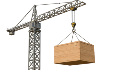 Isolated Construction Crane Lifting Wooden Crate