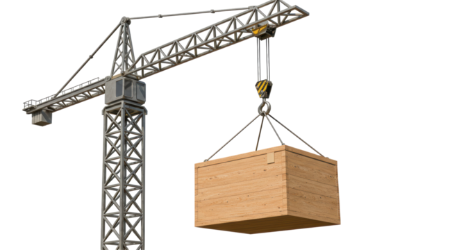 Isolated Construction Crane Lifting Wooden Crate