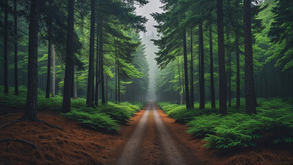 Obraz premium Dirt road leading into foggy forest with lush ferns and pine trees