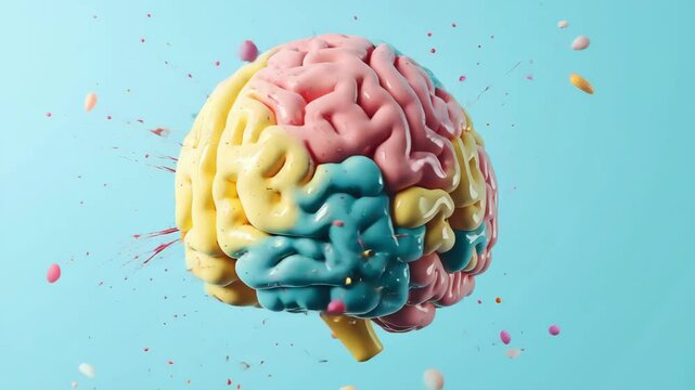 A colorful brain with paint splatters all over it against blue background	