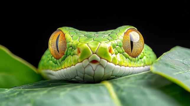 Green tree python laying on leaves jungle wildlife photography close-up nature serpentine beauty