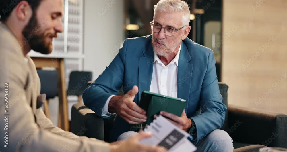 Aufkleber handshake, meeting and tablet with business people in lobby of office for agreement or discussion. f