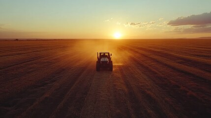 Fototapeta premium Tractor harvesting wheat field at sunset.