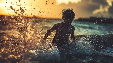 Obraz premium Joyful child playing in shallow water splashing and laughing under the bright sun creating a fun summer memory
