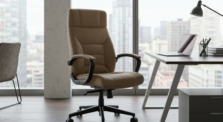 Office chair in modern workspace with city view during daytime