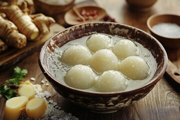 Asian dumplings in bowl, surrounded by ginger, spices, and salt on wooden table