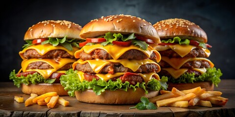 A towering stack of juicy cheeseburgers with melting cheddar, crispy bacon, and fresh lettuce, surrounded by a bed of seasoned fries.