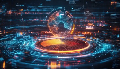 Futuristic data visualization interface with glowing holographic elements and complex data displays