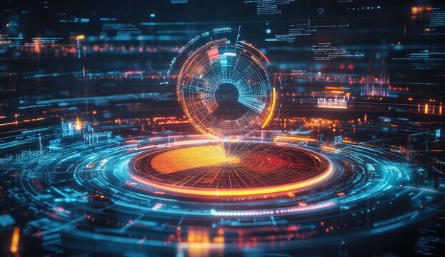 Futuristic data visualization interface with glowing holographic elements and complex data displays - Powered by Adobe