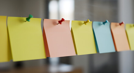 Arrangement of Colorful Sticky Notes Pinned to Glass Surface in Bright Indoor Light