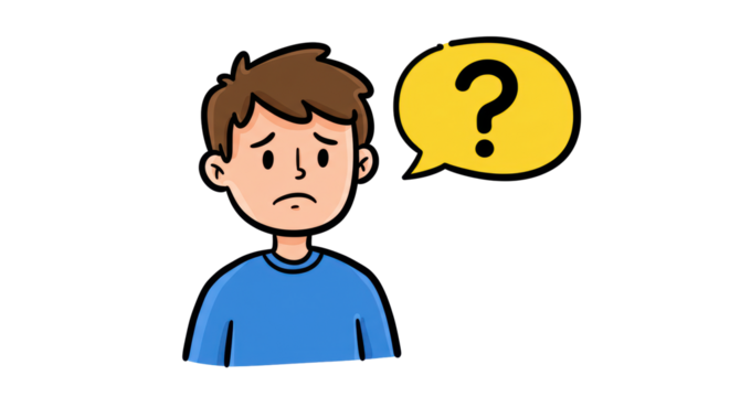 Isolated Cartoon Man with Question Mark in Speech Bubble, Confused Expression
