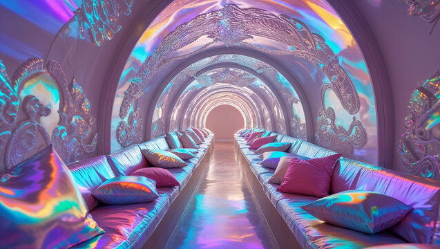 Iridescent tunnel interior design with sofas and pillows creating a relaxing atmosphere