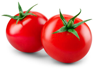 Tomato isolated png. Two tomatoes on transparent background. Perfect retouched png tomato no background. Full depth of field.