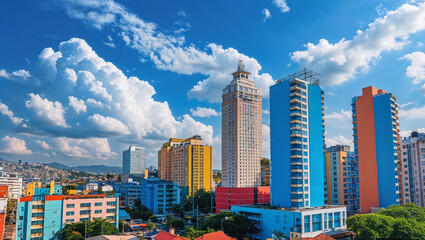Fototapeta premium Colorful buildings reaching for the sky on a sunny day