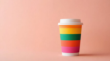 Colorful striped coffee cup on pastel pink background, symbolizing pride and celebration during pride month
