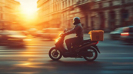 Fototapeta premium A courier on a motorbike delivering food at sunset with a vibrant city backdrop and warm colors