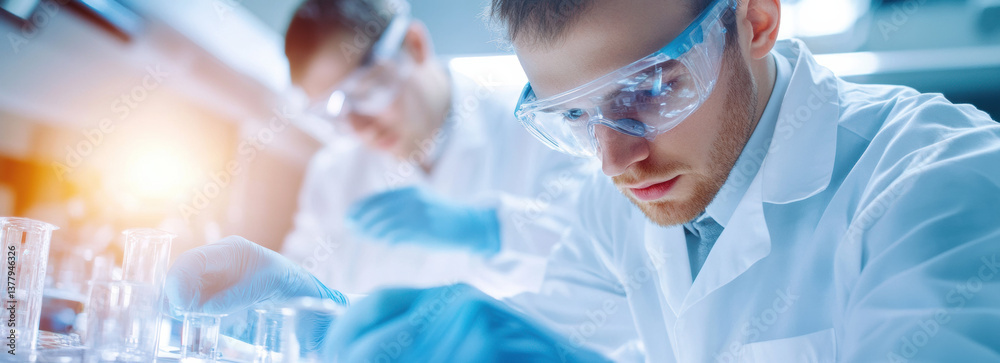 Poster scientists working laboratory, wearing protective goggles and gloves, conducting experiments with te