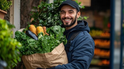Smiling courier holding a large bag of fresh vegetables ready for delivery to customers doorstep