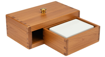 Isolated Wooden Box with Open Drawer