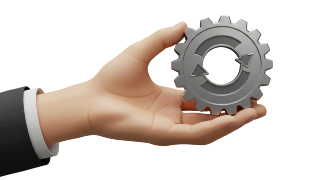 Isolated Hand Holding Gear with Rotation Arrows